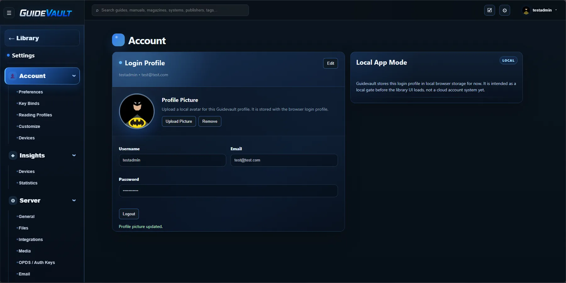 GuideVault account page after setting a user avatar