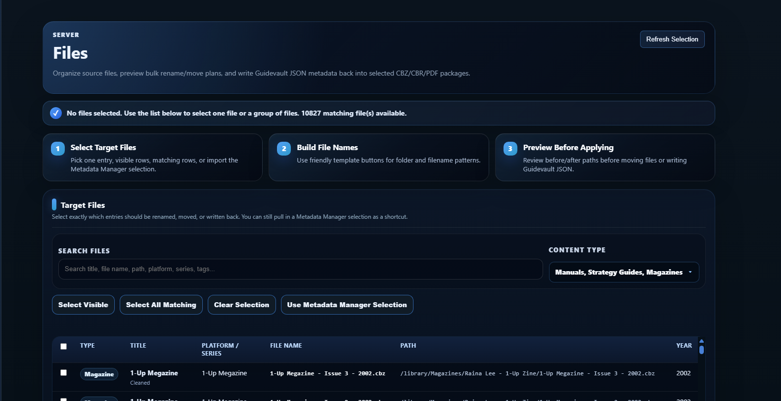 GuideVault Files page showing the target files workflow.