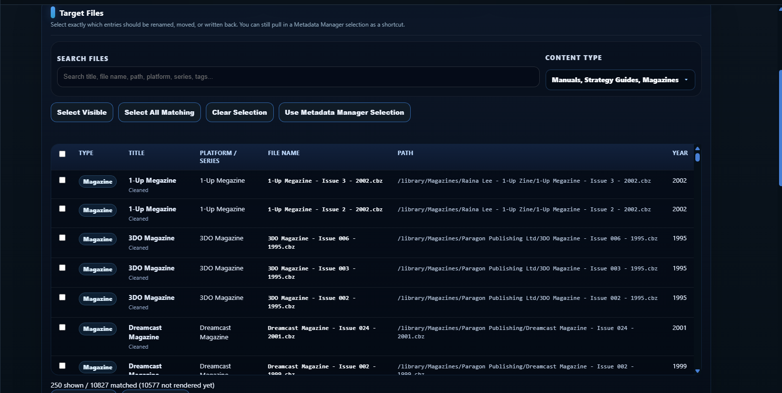Target Files table showing selected file workflow and filters.