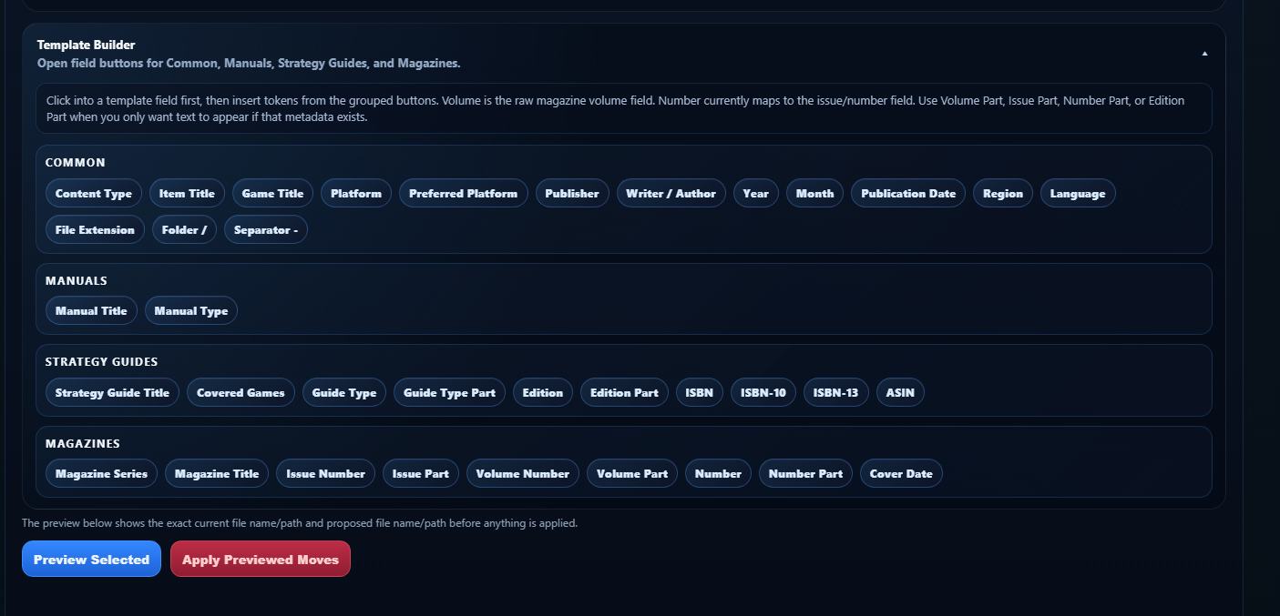 GuideVault Template Builder grouped by common, manual, strategy guide, and magazine fields.