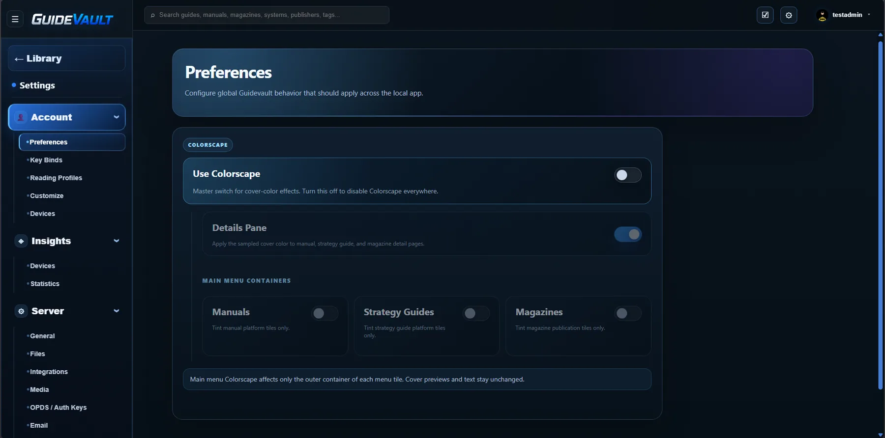 GuideVault Preferences page with Colorscape disabled