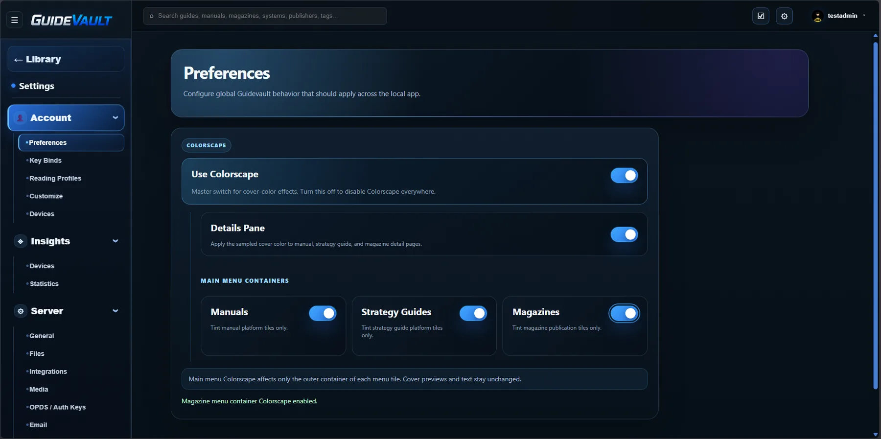 GuideVault Preferences page with Colorscape enabled