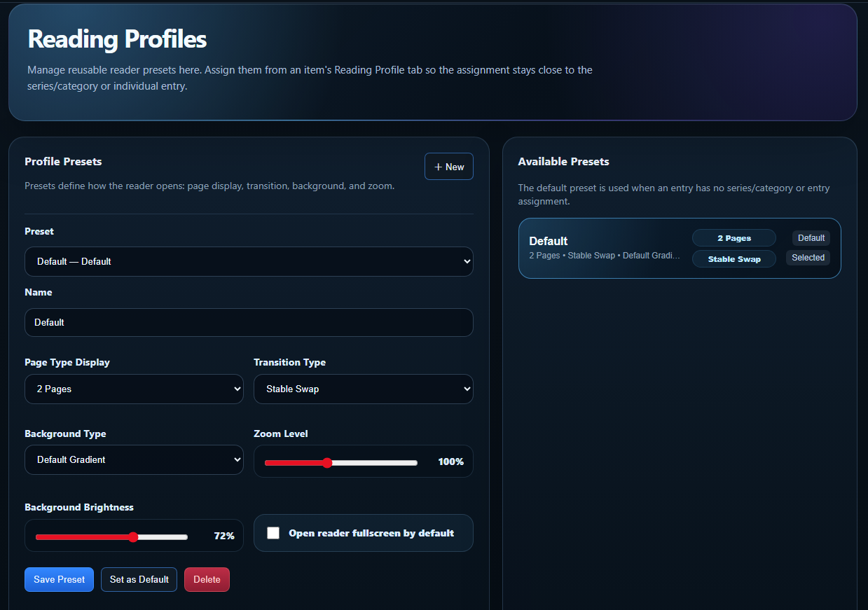 GuideVault Reading Profiles settings page