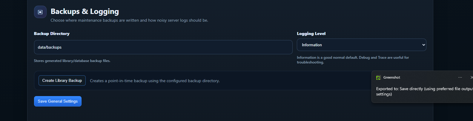 GuideVault backups and logging settings
