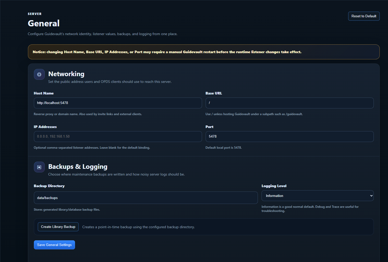 GuideVault General server networking settings